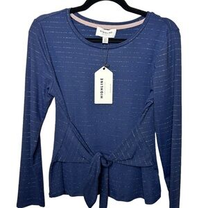 Highline Collective Tie Front Long Sleeve Metallic Stripe Top Medium Blue NWT